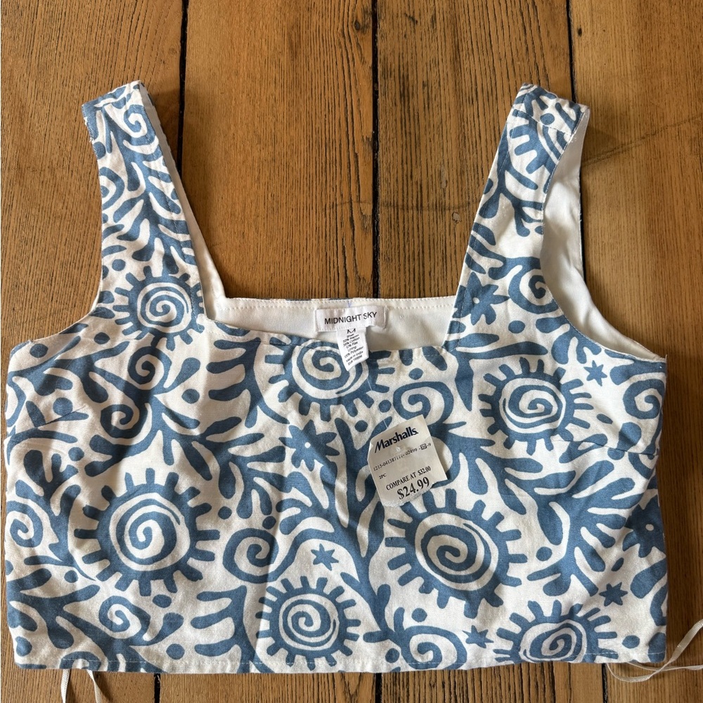Moon River Blue and White Patterned Crop Top
